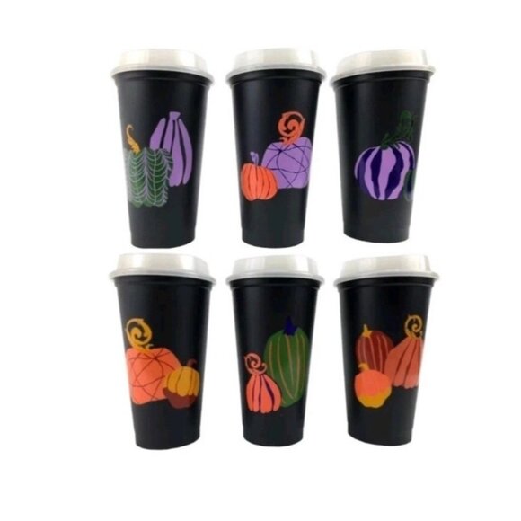 Starbucks Halloween 2021 6 Pack Reusable Hot Cups With Glow In The Dark Lids NIB - Picture 1 of 9